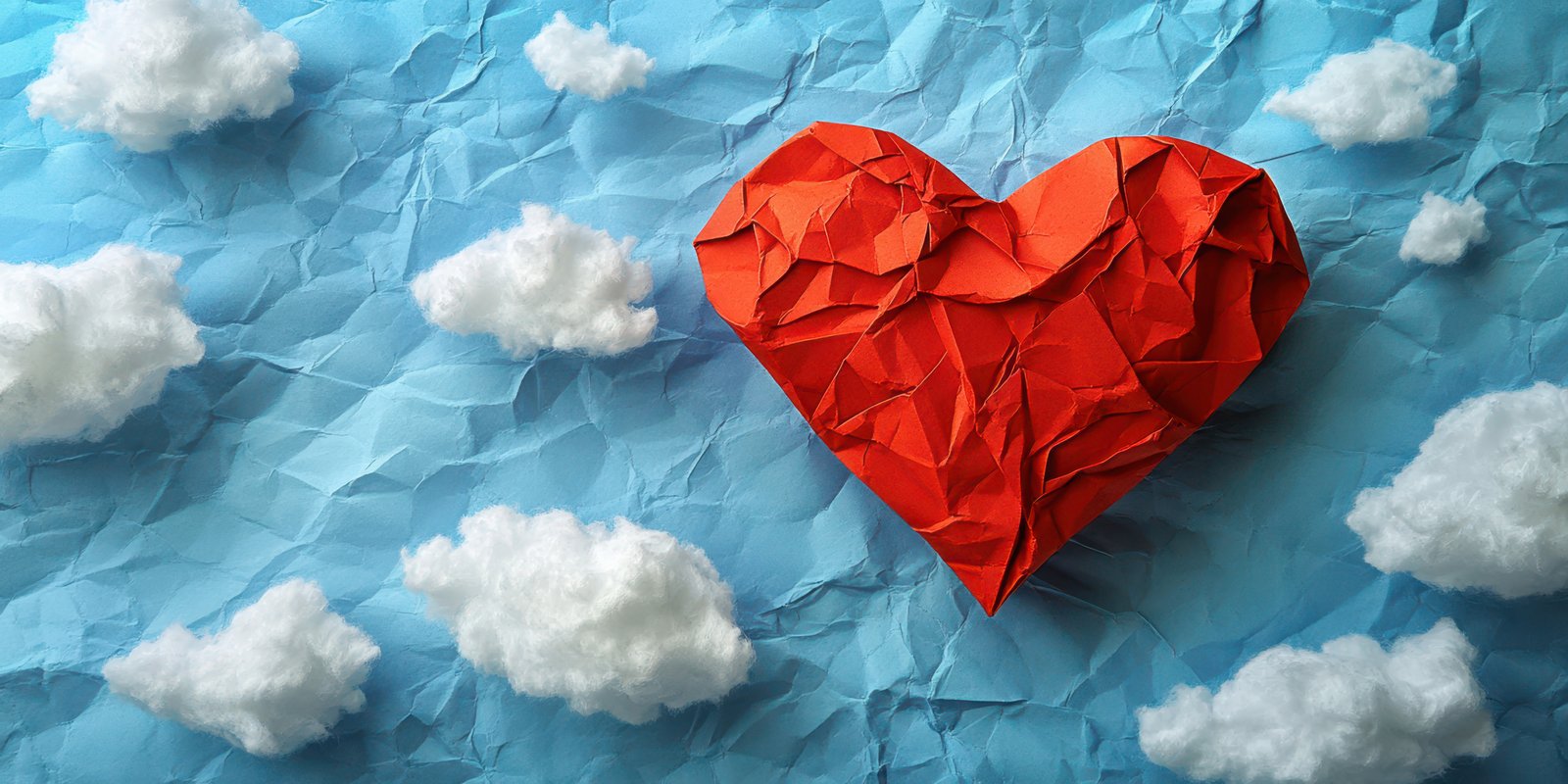 Colorful origami heart floating among fluffy clouds on a blue crumpled background during daylight